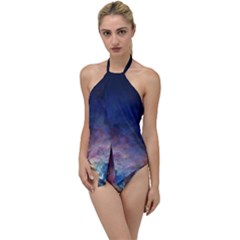 Lagoon Nebula Interstellar Cloud Pastel Pink, Turquoise And Yellow Stars Go With The Flow One Piece Swimsuit by genx