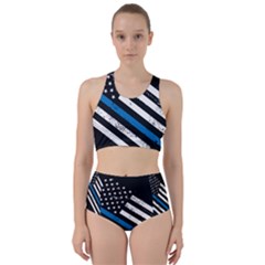 Usa Flag The Thin Blue Line I Back The Blue Usa Flag Grunge On Black Background Racer Back Bikini Set by snek