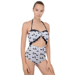 Tape Cassette 80s Retro Genx Pattern Black And White Scallop Top Cut Out Swimsuit by genx