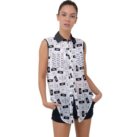 Tape Cassette 80s Retro Genx Pattern Black And White Sleeveless Chiffon Button Shirt by genx