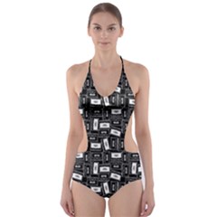 Tape Cassette 80s Retro Genx Pattern Black And White Cut-out One Piece Swimsuit by genx