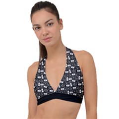 Tape Cassette 80s Retro Genx Pattern Black And White Halter Plunge Bikini Top by genx