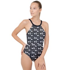 Tape Cassette 80s Retro Genx Pattern Black And White High Neck One Piece Swimsuit by genx