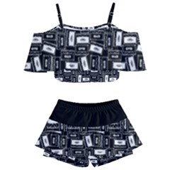 Tape Cassette 80s Retro Genx Pattern Black And White Kids  Off Shoulder Skirt Bikini by genx