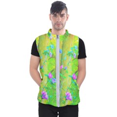 Hot Pink Abstract Rose Of Sharon On Bright Yellow Men s Puffer Vest by myrubiogarden