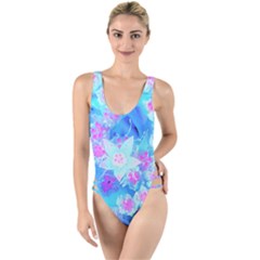 Blue And Hot Pink Succulent Underwater Sedum High Leg Strappy Swimsuit by myrubiogarden