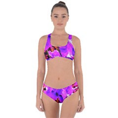 Abstract Ultra Violet Purple Iris On Red And Pink Criss Cross Bikini Set by myrubiogarden