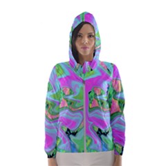 Retro Pink And Light Blue Liquid Art On Hydrangea Garden Hooded Windbreaker (women) by myrubiogarden