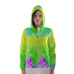 Fluorescent Yellow And Pink Abstract Garden Foliage Hooded Windbreaker (women) by myrubiogarden