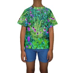 Purple Coneflower Garden With Tiger Eye Tree Kids  Short Sleeve Swimwear by myrubiogarden