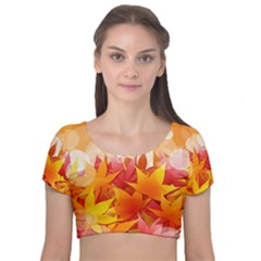 Autumn Background Maple Leaves Bokeh Velvet Short Sleeve Crop Top  by Wegoenart