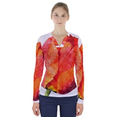 Red Tulip, Watercolor Art V-neck Long Sleeve Top by picsaspassion