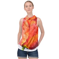 Red Tulip, Watercolor Art High Neck Satin Top by picsaspassion