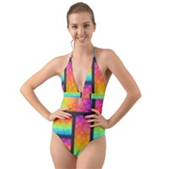 Background Colorful Abstract Halter Cut-out One Piece Swimsuit by Wegoenart