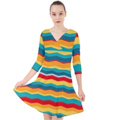 Retro Colors 60 Background Quarter Sleeve Front Wrap Dress by Wegoenart