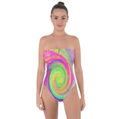 Groovy Abstract Purple And Yellow Liquid Swirl Tie Back One Piece Swimsuit by myrubiogarden