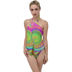 Groovy Abstract Purple And Yellow Liquid Swirl Go With The Flow One Piece Swimsuit by myrubiogarden