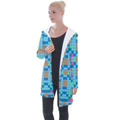 Checkerboard Squares Abstract Longline Hooded Cardigan by Pakrebo