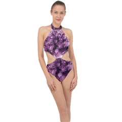 Amethyst Purple Violet Geode Slice Halter Side Cut Swimsuit by genx