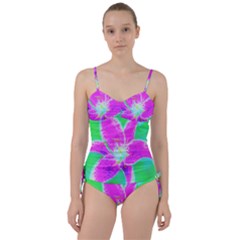 Hot Pink Stargazer Lily On Turquoise Blue And Green Sweetheart Tankini Set by myrubiogarden