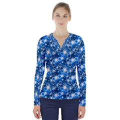 Star Hexagon Blue Deep Blue Light V-neck Long Sleeve Top by Pakrebo