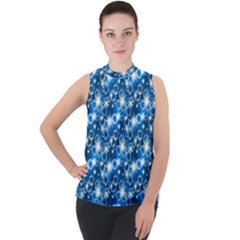 Star Hexagon Blue Deep Blue Light Mock Neck Chiffon Sleeveless Top by Pakrebo