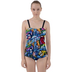 Graffiti Urban Colorful Graffiti Cartoon Fish Twist Front Tankini Set by genx