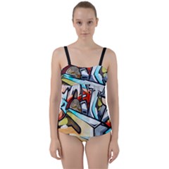 Blue Face King Graffiti Street Art Urban Blue And Orange Face Abstract Hiphop Twist Front Tankini Set by genx