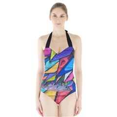 Urban Colorful Graffiti Brick Wall Industrial Scale Abstract Pattern Halter Swimsuit by genx