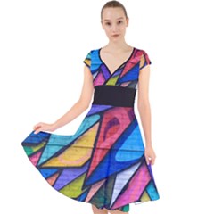 Urban Colorful Graffiti Brick Wall Industrial Scale Abstract Pattern Cap Sleeve Front Wrap Midi Dress by genx
