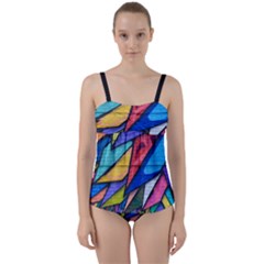 Urban Colorful Graffiti Brick Wall Industrial Scale Abstract Pattern Twist Front Tankini Set by genx