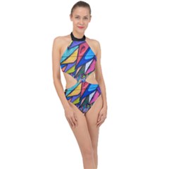 Urban Colorful Graffiti Brick Wall Industrial Scale Abstract Pattern Halter Side Cut Swimsuit by genx