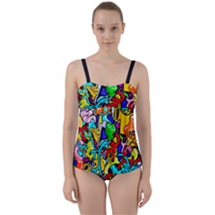 Graffiti Abstract With Colorful Tubes And Biology Artery Theme Twist Front Tankini Set by genx