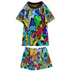 Graffiti Abstract With Colorful Tubes And Biology Artery Theme Kids  Swim Tee And Shorts Set by genx
