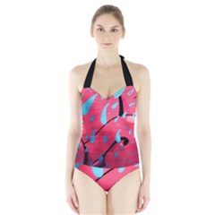 Graffiti Watermelon Pink With Light Blue Drops Retro Halter Swimsuit by genx