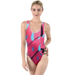 Graffiti Watermelon Pink With Light Blue Drops Retro High Leg Strappy Swimsuit by genx