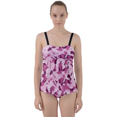 Standard Violet Pink Camouflage Army Military Girl Twist Front Tankini Set by snek