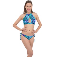 Leaves Tropical Palma Jungle Cross Front Halter Bikini Set by Alisyart