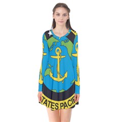 Seal Of Commander Of United States Pacific Fleet Long Sleeve V-neck Flare Dress by abbeyz71