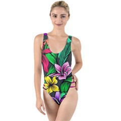 Hibiscus Flower Plant Tropical High Leg Strappy Swimsuit by Pakrebo