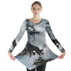 Awesome Black And White Wolf In The Dark Night Long Sleeve Tunic  by FantasyWorld7