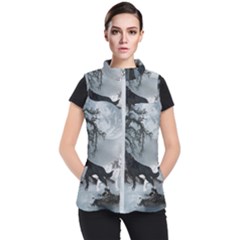 Awesome Black And White Wolf In The Dark Night Women s Puffer Vest by FantasyWorld7