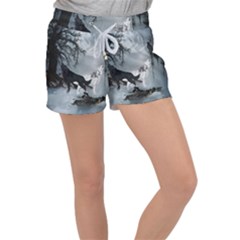 Awesome Black And White Wolf In The Dark Night Women s Velour Lounge Shorts by FantasyWorld7