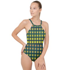 Tile Background Image Pattern Squares High Neck One Piece Swimsuit by Pakrebo