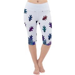 Blue Purple Leaves Lightweight Velour Cropped Yoga Leggings by LoolyElzayat