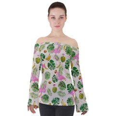 Flamingo Pattern Off Shoulder Long Sleeve Top by Valentinaart