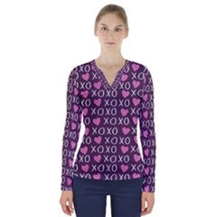 Xo Valentines Day Pattern V-neck Long Sleeve Top by Valentinaart