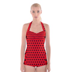 Red Black Polka Dots Boyleg Halter Swimsuit  by retrotoomoderndesigns