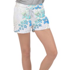 Flowers Background Leaf Leaves Blue Women s Velour Lounge Shorts by Mariart