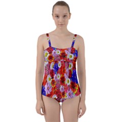 Multicolored Daisies Twist Front Tankini Set